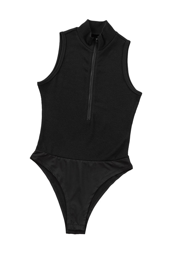 PACK6421665-P2-1, Black Zip up Mock Neck Ribbed Sleeveless Bodysuit