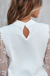 PACK25125767-P1-1, White Contrast Lace Sleeve Mock Neck Textured Blouse