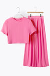 PACK625623-P306-1, Strawberry Pink Slim Fit Crop Top and Pleated Wide Leg Pants Set