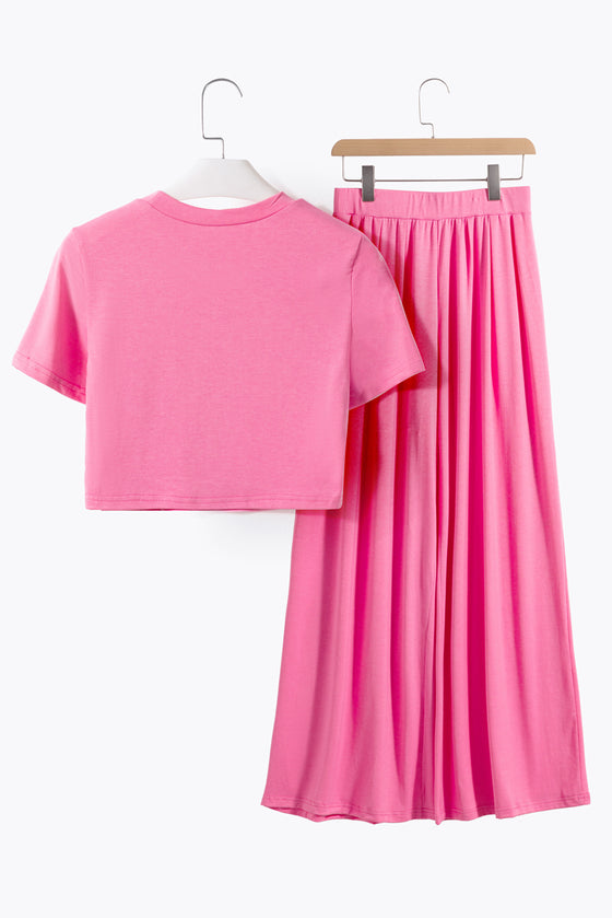 PACK625623-P306-1, Strawberry Pink Slim Fit Crop Top and Pleated Wide Leg Pants Set