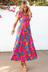PACK6119015-P622-1, Rose Red Boho Floral V Neck Ruffle Tiered Long Dress