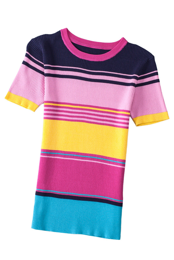 PACK277103-P1022-1, PACK277103-P1022-2, Pink Mixed Stripes Ribbed Knit Top