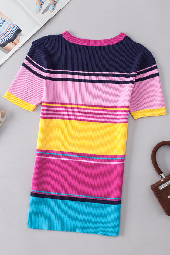 PACK277103-P1022-1, PACK277103-P1022-2, Pink Mixed Stripes Ribbed Knit Top