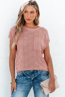  PACK276182-P9010-2, Dusty Pink Lattice Textured Knit Short Sleeve Sweater