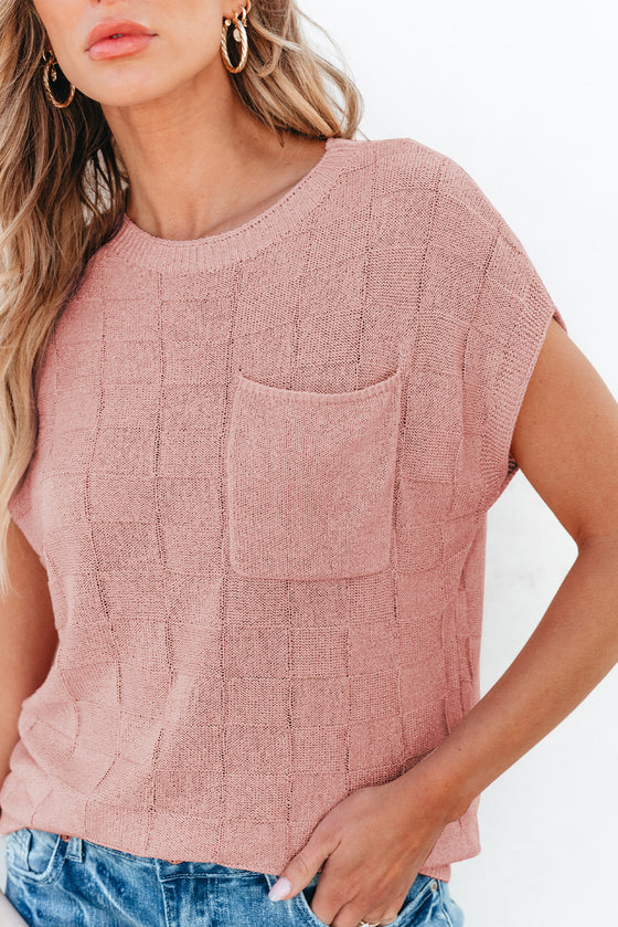 PACK276182-P9010-2, Dusty Pink Lattice Textured Knit Short Sleeve Sweater