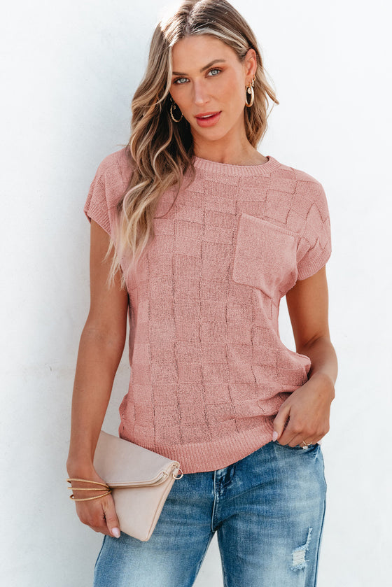 PACK276182-P9010-1, PACK276182-P9010-2, Dusty Pink Lattice Textured Knit Short Sleeve Sweater
