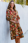 PACK6118729-P722-1, Yellow Paisley Mixed Print Collared 3/4 Sleeve Midi Dress