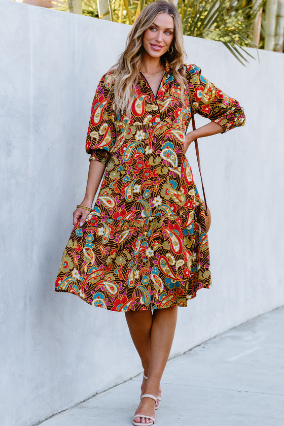 PACK6118729-P722-1, Yellow Paisley Mixed Print Collared 3/4 Sleeve Midi Dress