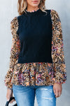 PACK2724346-P2-1, Black Contrast Floral Sleeve Peplum Sweater
