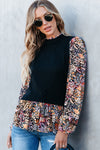PACK2724346-P2-1, Black Contrast Floral Sleeve Peplum Sweater