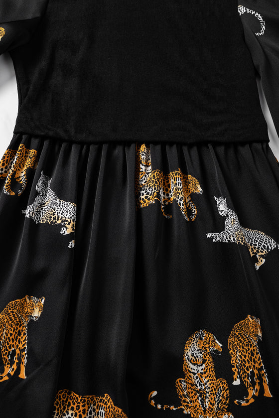 PACK6118680-P2-1, Black Vivid Leopard Print Long Sleeve Swing Dress