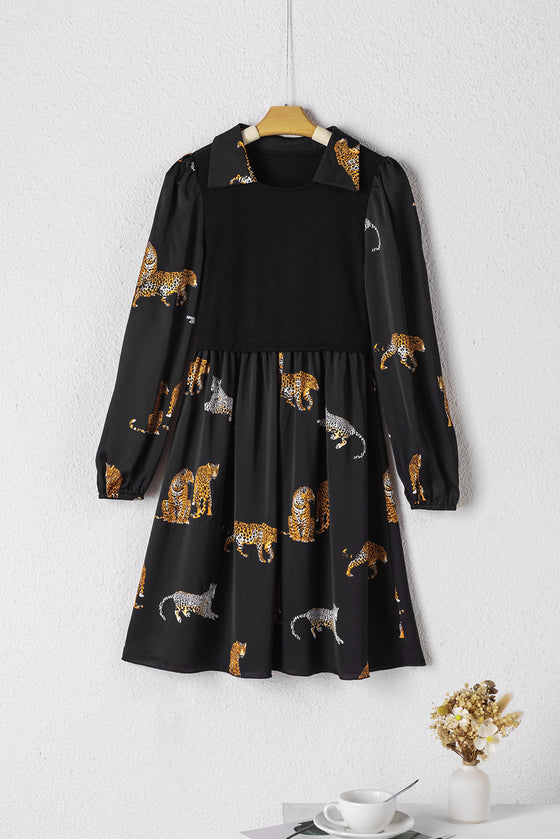 PACK6118680-P2-1, Black Vivid Leopard Print Long Sleeve Swing Dress