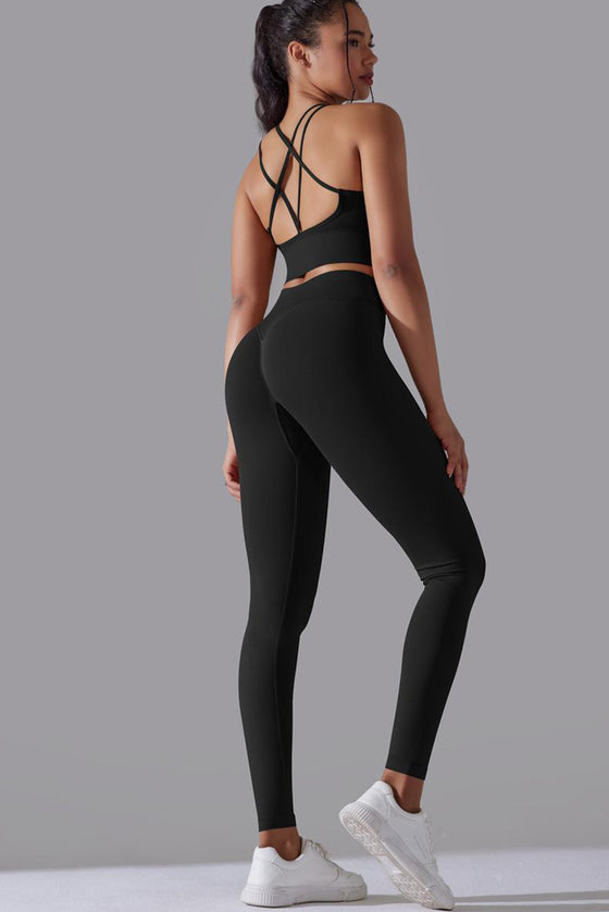 LC2611612-P2-S, LC2611612-P2-M, LC2611612-P2-L, Black Lattice Strappy Back Top and Leggings Workout Set