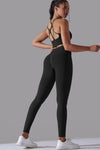LC2611612-P2-S, LC2611612-P2-M, LC2611612-P2-L, Black Lattice Strappy Back Top and Leggings Workout Set