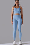 LC2611612-P304-S, LC2611612-P304-M, LC2611612-P304-L, Sky Blue Lattice Strappy Back Top and Leggings Workout Set