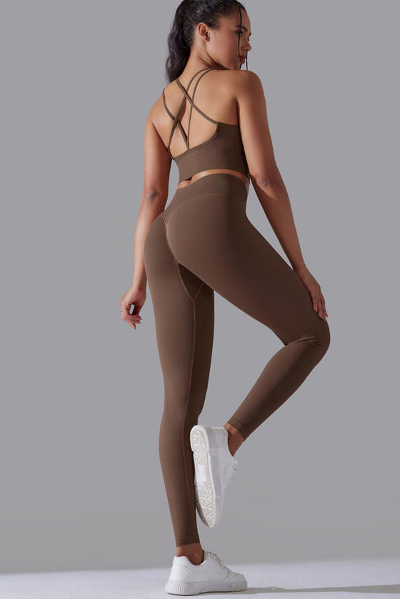 LC2611612-P4017-S, LC2611612-P4017-M, LC2611612-P4017-L, Desert Palm Lattice Strappy Back Top and Leggings Workout Set