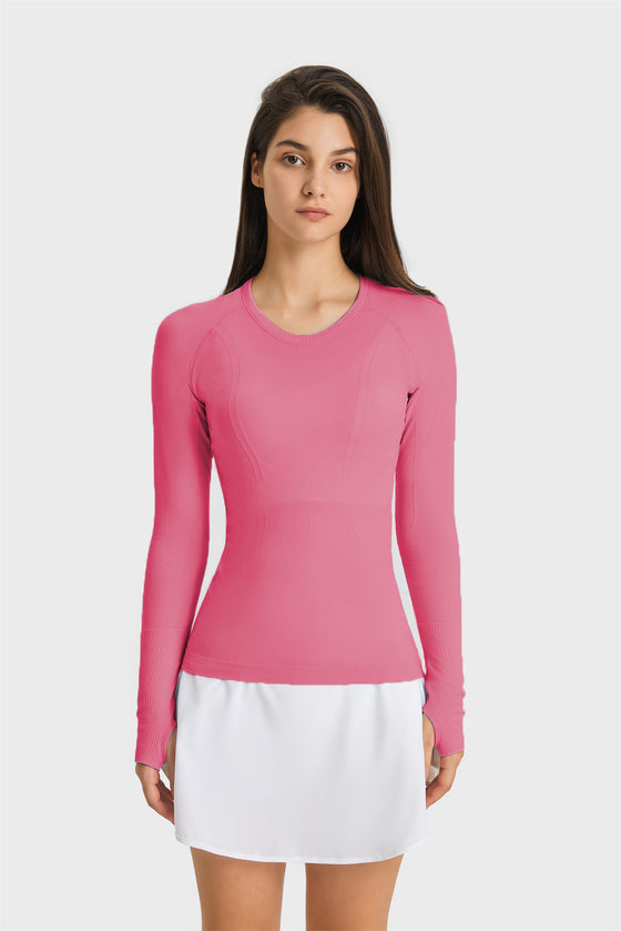 PACK264631-P1110-1, Coral Paradise Slim Thumbhole Sleeve Textured Detail Gym Top