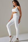 LC2611613-P1-S, LC2611613-P1-M, LC2611613-P1-L, White Solid Color Halter Bra and Leggings Workout Set