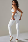 LC2611613-P1-S, LC2611613-P1-M, LC2611613-P1-L, White Solid Color Halter Bra and Leggings Workout Set