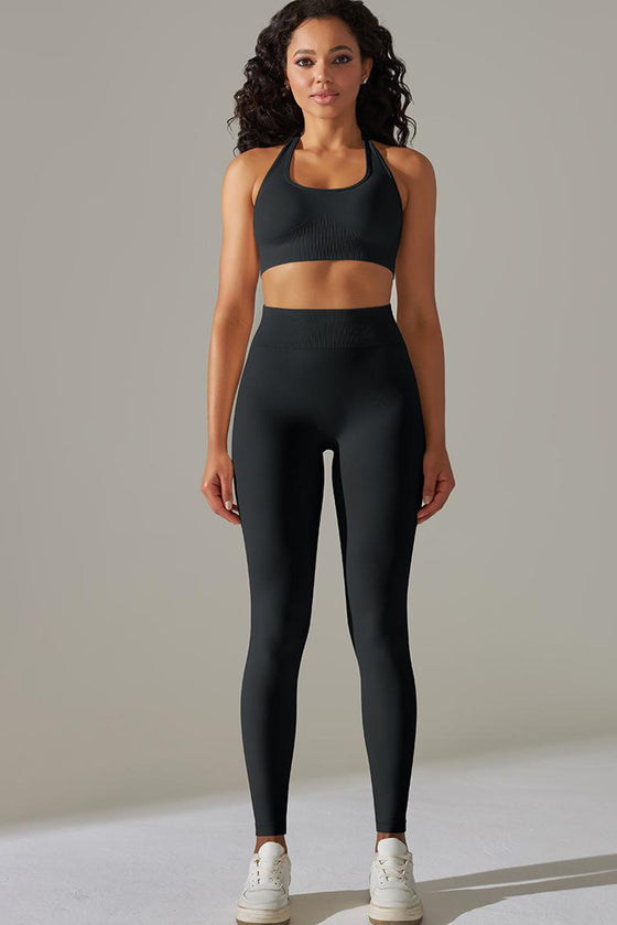 LC2611613-P2-S, LC2611613-P2-M, LC2611613-P2-L, Black Solid Color Halter Bra and Leggings Workout Set
