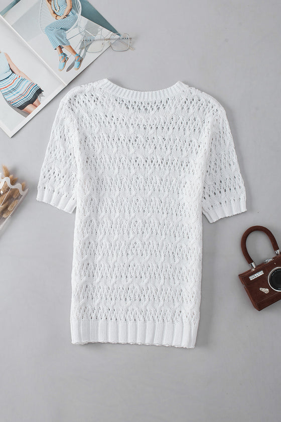 PACK2724529-P1-1, White Hollow-out Textured Half Sleeve Sweater