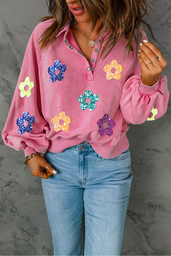 PACK25317238-10-1, Pink Flower sequin patch embroidered hoodie