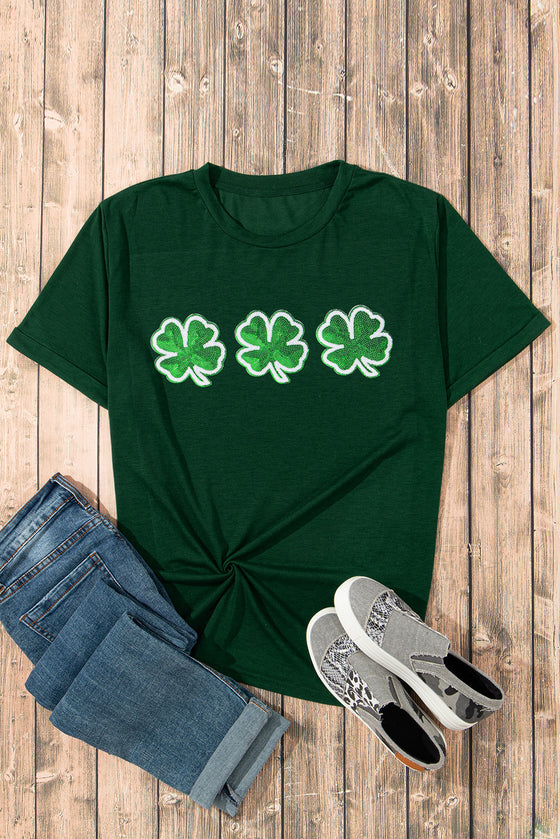 PACK25224607-9-1, Green St Patrick Clover Patch Sequin Graphic T-shirt