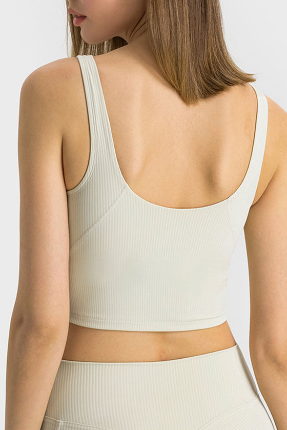 PACK264670-P1-1, White Solid Color Ribbed V Neck Active Sports Bra