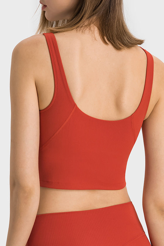 PACK264670-P103-1, Tomato Red Solid Color Ribbed V Neck Active Sports Bra