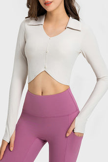  PACK264671-P1-1, White Ribbed Thumbhole Long Sleeve Buttoned Active Top