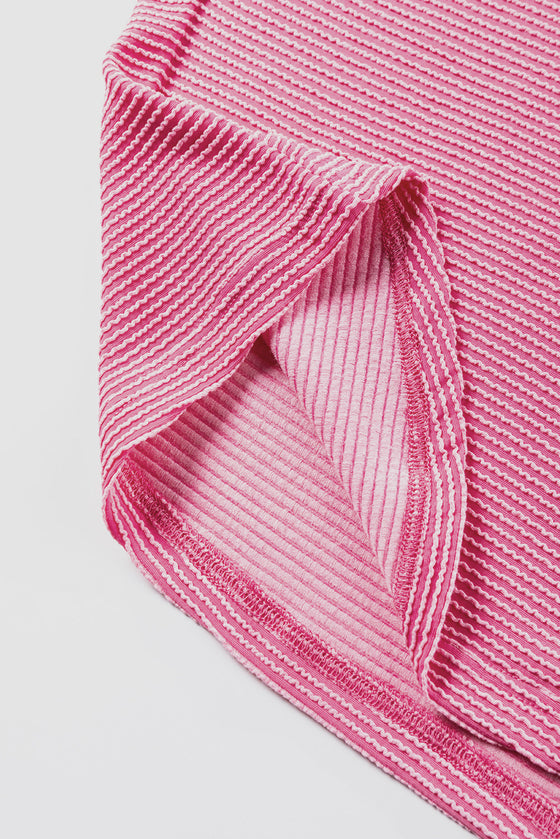 PACK25224107-P306-1, Strawberry Pink Striped Print Bracelet Sleeve V Neck Top