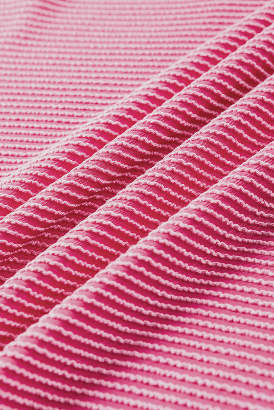 PACK25224107-P306-1, Strawberry Pink Striped Print Bracelet Sleeve V Neck Top