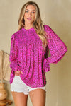 PACK25126315-P620-1, Rose Leopard Shirred Puff Sleeve Flowy Blouse