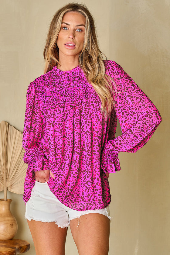 PACK25126315-P620-1, Rose Leopard Shirred Puff Sleeve Flowy Blouse