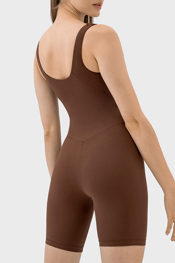PACK260346-P1017-1, Coffee Exposed Stitching Pilates Yoga Jumpsuit