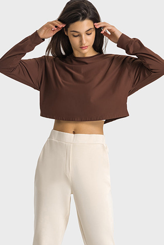 PACK264686-P1017-1, Coffee Solid Color Quick Dry Long Sleeve Active Top