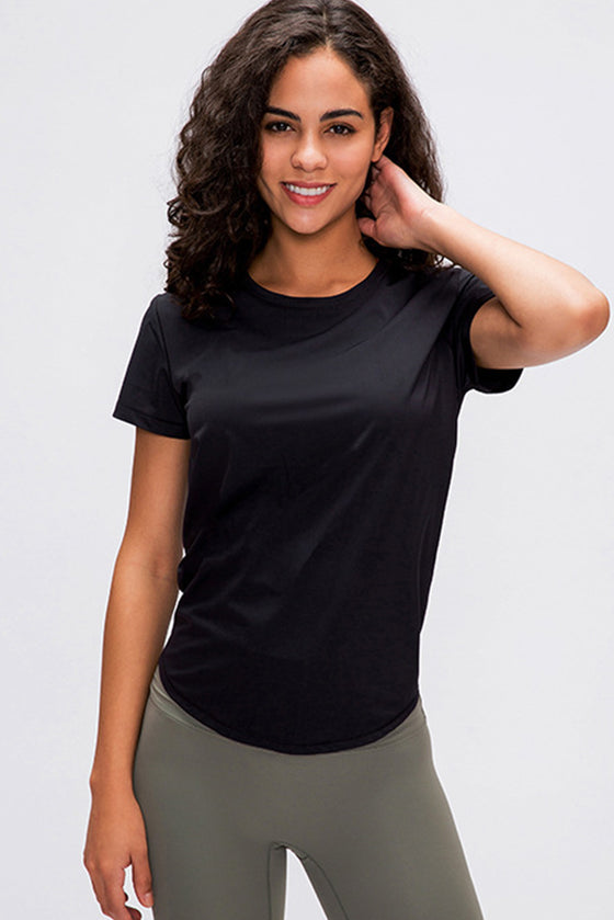 PACK264687-P2-1, Black Solid Color Back Knot Short Sleeve Yoga Active Top