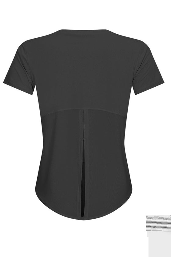 PACK264687-P2-1, Black Solid Color Back Knot Short Sleeve Yoga Active Top