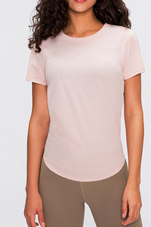  PACK264687-P1010-1, Light Pink Solid Color Back Knot Short Sleeve Yoga Active Top