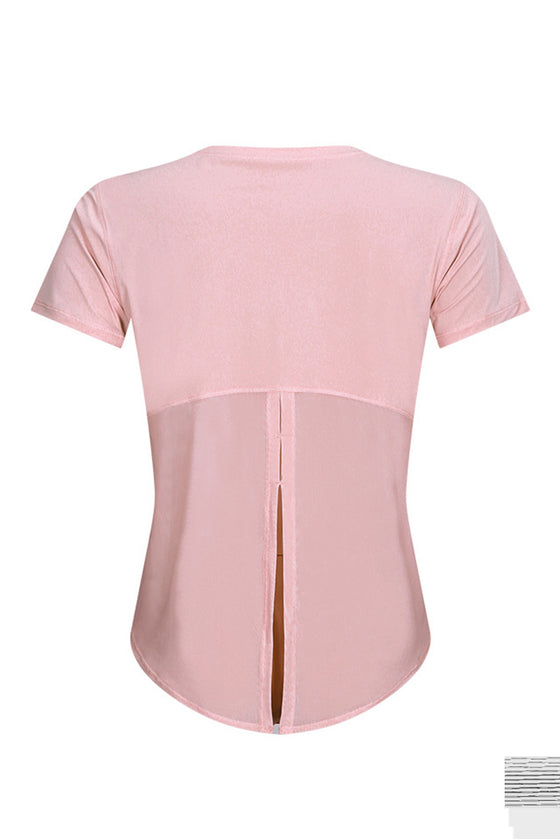 PACK264687-P9010-1, Dusty Pink Solid Color Back Knot Short Sleeve Yoga Active Top