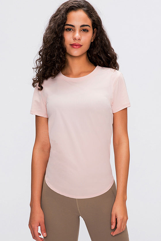 PACK264687-P9010-1, Dusty Pink Solid Color Back Knot Short Sleeve Yoga Active Top