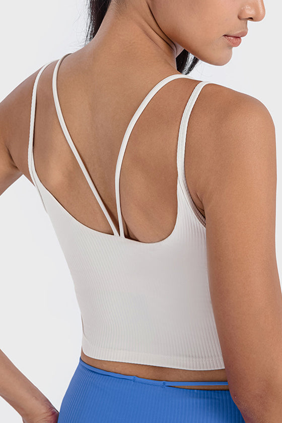 PACK264690-P1-1, White Ribbed Criss Cross Padded Cropped Workout Vest
