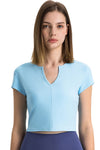 PACK264691-P204-1, Mist Blue Solid Color Ribbed V Neck Short Sleeve Active Cropped Top