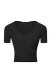 PACK264692-P2-1, Black Criss Cross Wrapped Ribbed V Neck Short Sleeve Active Top