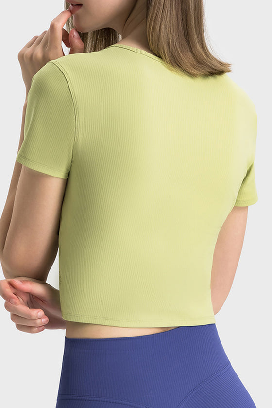 PACK264692-P709-1, Spinach Green Criss Cross Wrapped Ribbed V Neck Short Sleeve Active Top