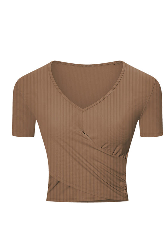 PACK264692-P1017-1, Coffee Criss Cross Wrapped Ribbed V Neck Short Sleeve Active Top