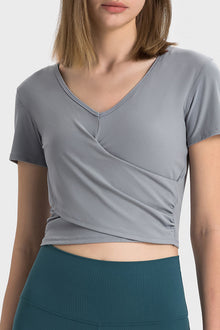  PACK264692-P3011-1, Medium Grey Criss Cross Wrapped Ribbed V Neck Short Sleeve Active Top