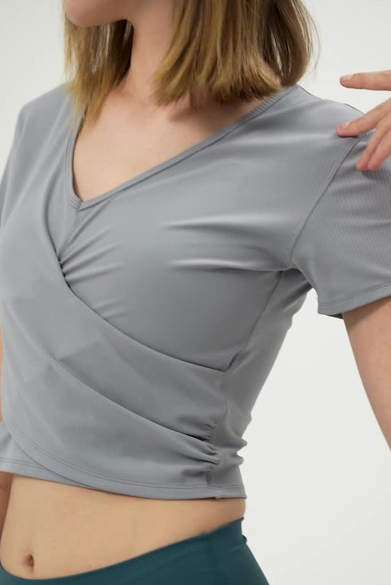 PACK264692-P3011-1, Medium Grey Criss Cross Wrapped Ribbed V Neck Short Sleeve Active Top