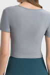 PACK264692-P3011-1, Medium Grey Criss Cross Wrapped Ribbed V Neck Short Sleeve Active Top