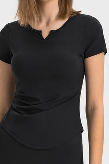  PACK264693-P2-1, Black Ribbed Notched Neck Short Sleeve Active Fitness Top